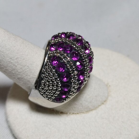 Beehive Dome Ring Purple Rhinestones Size 9 Beaded Accents Vintage Silver Tone - Picture 7 of 10
